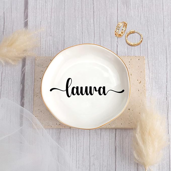 JoycuFF Laura Personalized Name Ceramic Jewelry Tray, Mothers Day Christmas Anniversary Engagement Birthday Gifts for Women Couples, Trinket Dish for Rings Earrings Necklaces Bracelets Keys