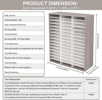 TQVAI Literature Organizer, Heavy Duty 48 Compartments Countertop Mail Organizer with Adjustable Shelves, Wooden Desk Paper Storage Organizer, Mailboxes Cubbies for Office, Classroom, Retro Grey/White