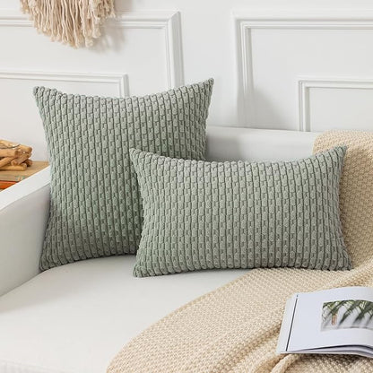 Kevin Textile Throw Pillow Covers Soft Corduroy Decorative Set of 2 Boho Striped Pillow Covers Pillowcases Farmhouse Home Decor for Couch Bed Sofa Living Room 22x22 Inch Greyish Green