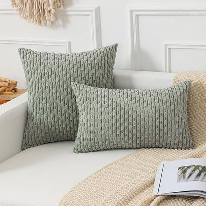 Kevin Textile Throw Pillow Covers Soft Corduroy Decorative Set of 2 Boho Striped Pillow Covers Pillowcases Farmhouse Home Decor for Couch Bed Sofa Living Room 12x20 Inch Greyish Green