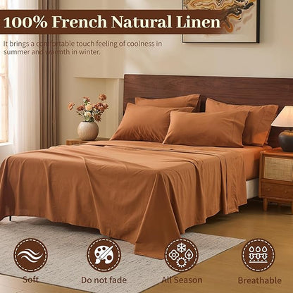 MEISHANG 100% French Pure Linen Sheets Queen Size - Bed Sheets 4 Piece Sets, Soft Durable Flax Linen, Anti-Tear Breathable Oeko-Tex Certified with 16" Deep Pocket (Brown)