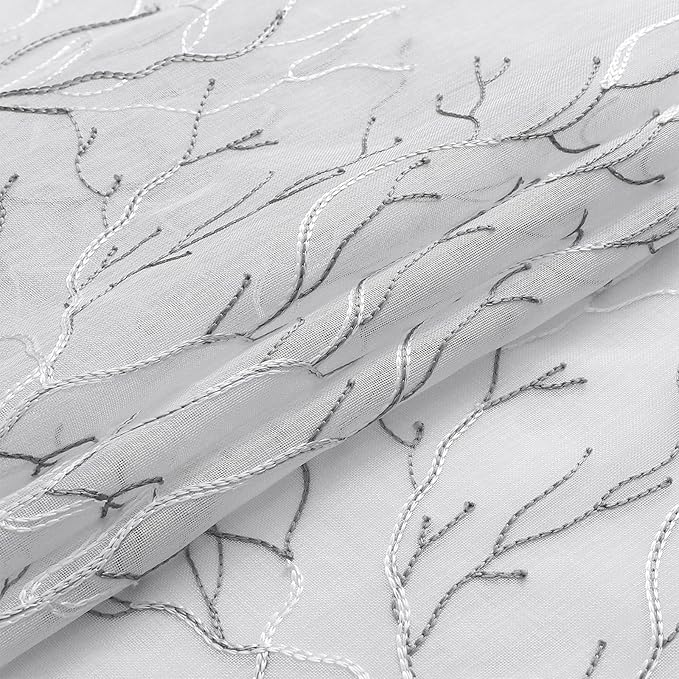 VISIONTEX White Sheer Curtains 108 inch Length 2 Panels Set Decorative Grey Coral Embroidery Rod Pocket Embroidered Semi Sheer Window Drapes for Living Room and Bedroom 54 x 108 Inches