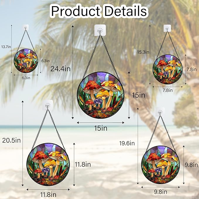 DASTOLL Stained Glass Window Hanging, Jungle Mushrooms Sun Catchers Diamond Glass Panel Hangings Plant Suncatcher Decor for Birthday for Women, Men, Wife, Aunt, and Mom 9.8 in