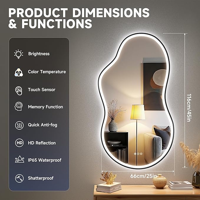 Hasipu Irregular Bathroom Mirror with Lights - 25"x45" LED Asymmetrical Wall Mirror, Abstract Modern Lighted Vanity Mirror for Wall, Anit-Fog, Dimmable, Memory, Vertical/Horizontal (Black