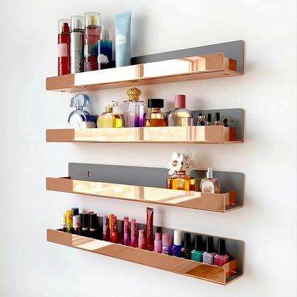 4 Pack 15 Inch Rose Gold Reflective Acrylic Shelves, Rose Gold Floating Shelves, Modern Sunglasses Essential Oil Picture Ledge Display Toy Storage Shelf