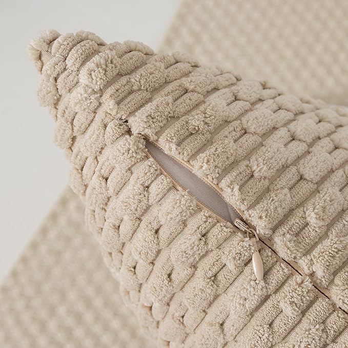 Kevin Textile Throw Pillow Covers Soft Corduroy Decorative Set of 2 Boho Striped Pillow Covers Pillowcases Farmhouse Home Decor for Couch Bed Sofa Living Room 26x26 Inch Beige