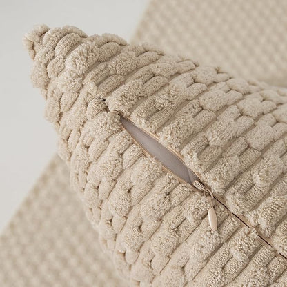 Kevin Textile Throw Pillow Covers Soft Corduroy Decorative Set of 2 Boho Striped Pillow Covers Pillowcases Farmhouse Home Decor for Couch Bed Sofa Living Room 24x24 Inch Beige
