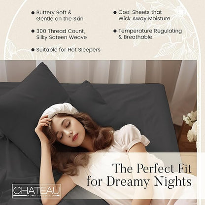 100% Organic Cotton Twin Sheets Set, 300TC Sateen Weave 3 PC Twin Bed Sheets, Fully Elasticated Sheet & Pillowcase Sets, Soft & Comfy No Lint Machine Washable Grey Sheet, Fade Resistant – Charcoal