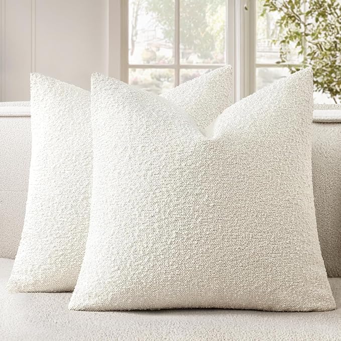 Woaboy Pack of 2 22x22 Inch Decorative Boucle Throw Pillow Covers Textured Pillows Accent Euro Solid Cozy Soft Cushion Covers Christmas Home Decor for Bed Sofa Couch Living Room,White