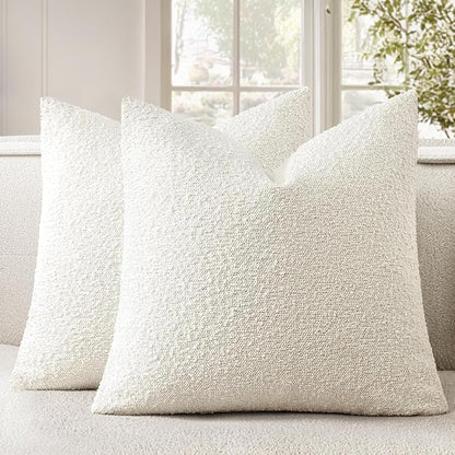 Woaboy Pack of 2 22x22 Inch Decorative Boucle Throw Pillow Covers Textured Pillows Accent Euro Solid Cozy Soft Cushion Covers Christmas Home Decor for Bed Sofa Couch Living Room,White
