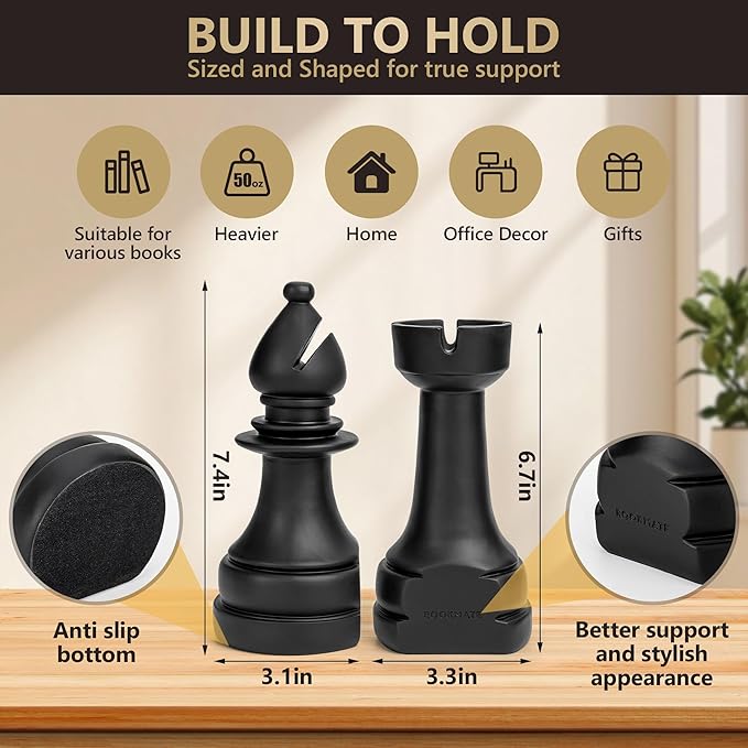 Chess Book Ends for Shelves – Elegant Decorative Bookends for Heavy Books, Office & Living Room Decor – Modern Shelf Organizer and Gift for Book Lovers by ROOKMATE (Matte Black, Opera Mate)
