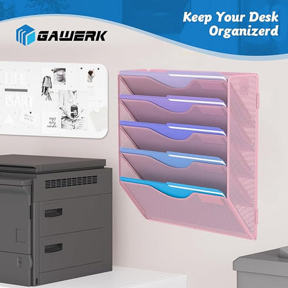 5 Tier Hanging Wall File Organizer, Mesh Mail Paper Orgnization Hanging File Folder Holder for Home Office, Pink
