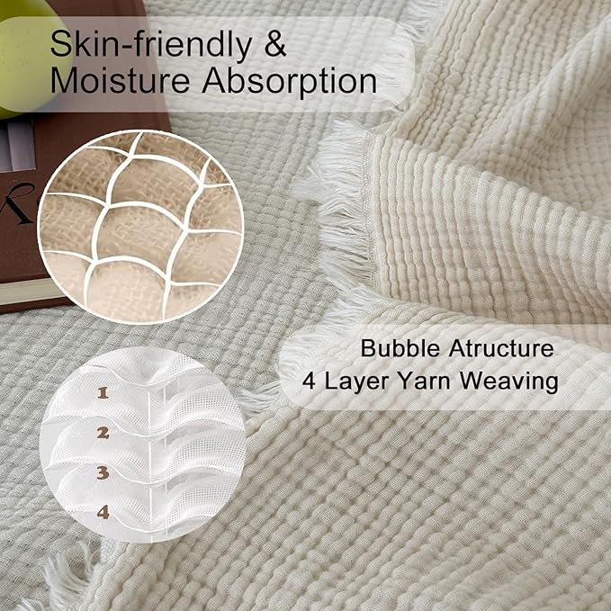 MorroMorn 100% Cotton Muslin Blanket with Fringes Twin Size 60"x80", 4-Layer Gauze Blankets for Adults, Boho Bedding Breathable Lightweight Ultra-Soft for Couch Bed All Seasons, Linen Beige
