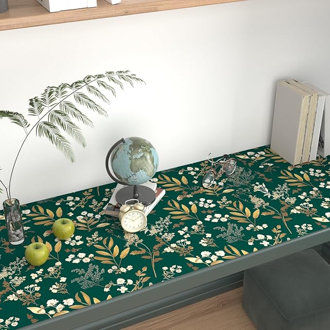 Dark Green Floral Wallpaper Peel and Stick Green Golden Leaf Wallpaper Vintage Floral Contact Paper Waterproof Self Adhesive Boho Delicate Wall Paper for Cabinet Rooms Walls Locker 17.5" x 118"
