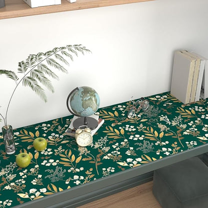 Dark Green Floral Wallpaper Peel and Stick Green Golden Leaf Wallpaper Vintage Floral Contact Paper Waterproof Self Adhesive Boho Delicate Wall Paper for Cabinet Rooms Walls Locker 17.5" x 118"
