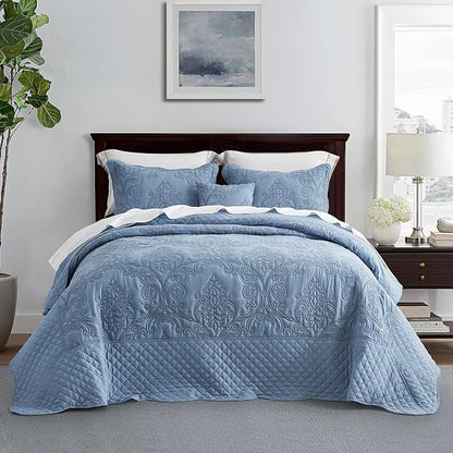 CHIXIN Bedspread Coverlet Quilt Set Full Size - Lightweight Bedding Cover - Beautiful Stitching - 5 Piece Reversible Bedspread - Luxury Damask Paisley Pattern (Full, Ashley Blue)