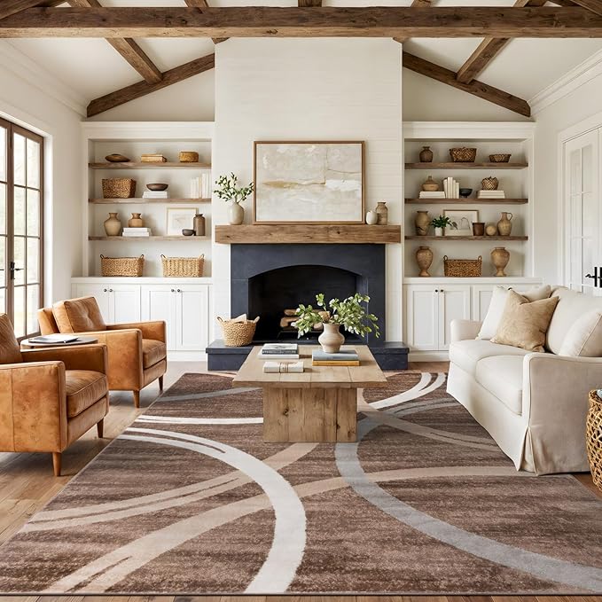 Rugshop Modern Wavy Circles Design Area Rug, Non-Shedding Carpet for Living Room, Bedroom, or Dining Room, Grand Room,Open Spaces,Brown, 10' x 14'