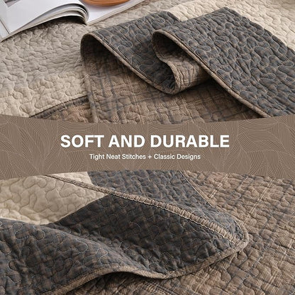 SahSahCasa 128"x120" 100% Cotton Oversized California King XL Bedspread Coverlet Quilt Set, Cal King Quilted Striped Bedspread Extra Large Quilt, Bed Spread Lightweight Comforter,Charcoal/Beige/Brown