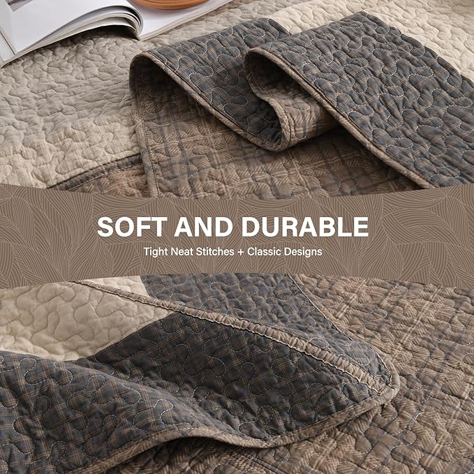 SahSahCasa 120"x102" 100% Cotton Oversized Queen Bedspread Coverlet Quilt Set, Queen Quilted Striped Bedspread Extra Large Quilt, XL Bed Spread Lightweight Comforter, 3pc, Charcoal/Beige/Brown