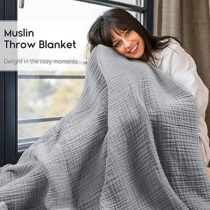Yoofoss Muslin Blanket 100% Organic Cotton Throw Large 50" x 60" for Bed Couch Summer Gauze Blanket for Adults Lightweight and Breathable Grey