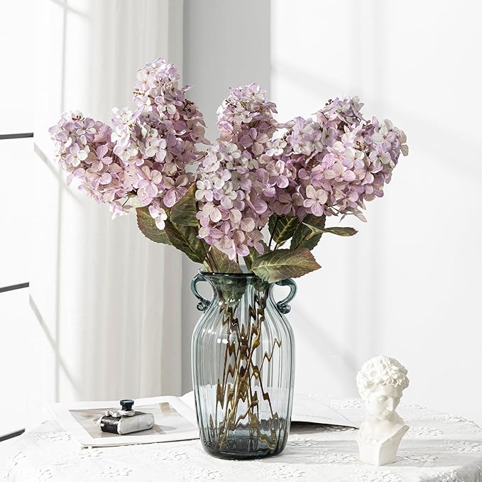Fake Hydrangea Silk Flowers with Stems,Faux Hydrangea Artificial Flowers Purple for Home Wedding,Dried Hydrangea Artificial Flowers Bouquet Vase Decor 24"（Light Purple ） 8pcs No Vase