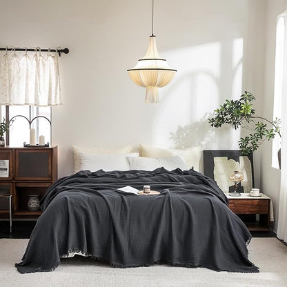 FOSSA Muslin Blanket with Fringe - 4-Layer 100% Cotton Gauze Super Soft & Breathable Throw -Lightweight Decorative Cooling Blanket for Bed, Sofa, Office - Super King Size 108" x 98" (Dark Gray)