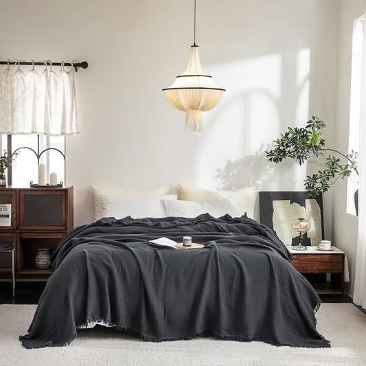 FOSSA Muslin Blanket with Fringe - 4-Layer 100% Cotton Gauze Super Soft & Breathable Throw -Lightweight Decorative Cooling Blanket for Bed, Sofa, Office - Super King Size 108" x 98" (Dark Gray)