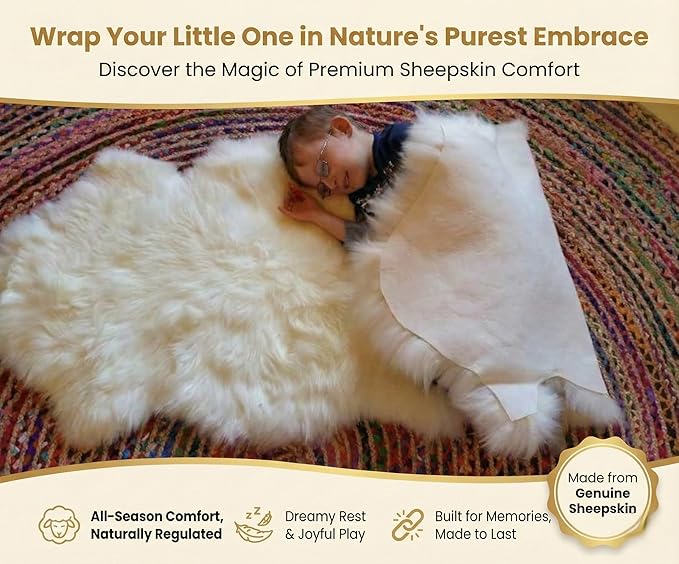 Woolous Sheepskin Rug, New Zealand Large Genuine Natural Lambskin Fur Fluffy Area Real Sheep Skin Throw Rug for Bedroom and Living Room, (Single Pelt 2x3ft,Ivory)