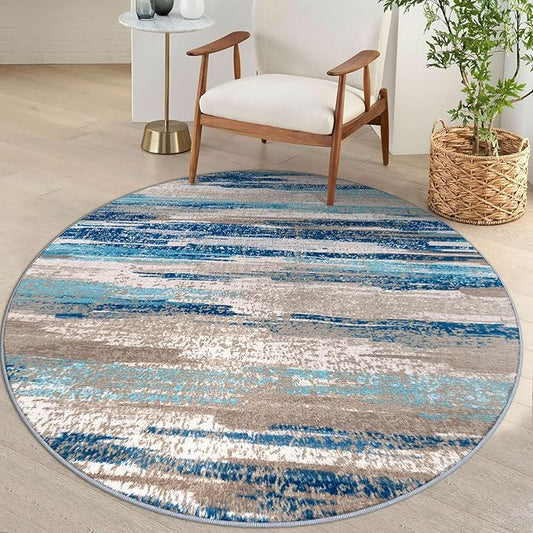 Modern Abstract Round Rug 5Ft, Blue Round Rug Washable Non-Slip Soft Small Circle Rug, Circular Dining Room Rugs Thin Print Faux Wool Carpet for Bedroom Living Room Office Playroom