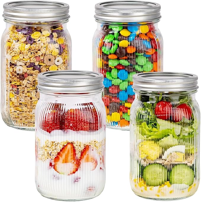 LUODA MirthMood 32 OZ Wide Mouth Mason Jars, 4 PACK Glass Mason Jars with airtight Lids, Quart mason jars wide mouth for Fermenting, Pickling, Freezing, Preserving, Meal Prep, Jar Décor