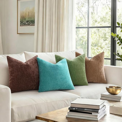 decorUhome Chenille Olive Green Throw Pillow Covers 18x18 Inch Set of 2, Decorative Soft Couch Pillow Covers Solid Dyed Accent Velvet Farmhouse Neutral Square Pillow Cases for Sofa Bed Living Room