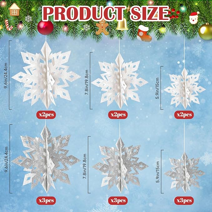GuassLee Christmas Hanging Snowflakes Decorations, 15pcs 3D Glitter White Silver Paper Snowflakes Snow Flakes Garland for Winter Wonderland Frozen Christmas Birthday Party Decorations
