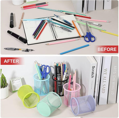 uxcell 2Pcs Mesh Pencil Holder, Metal Pen Cup Desk Organizer Makeup Brush Cup Holder for Home, Office, Classroom(Red)