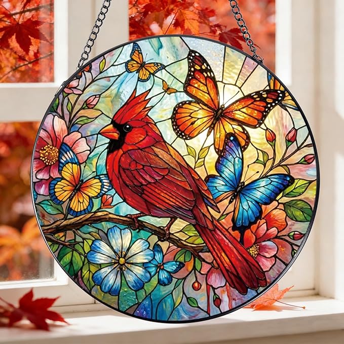 Rngmsi Stained Glass Window Hanging, 7.8″ Cardinal Sun Catchers with Hook Indoor Window Bird Butterfly Decor, Decorative Suncatchers Hanging Ornaments Home Garden Art Gift for Housewarming
