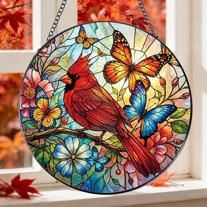 Rngmsi Stained Glass Window Hanging, 7.8″ Cardinal Sun Catchers with Hook Indoor Window Bird Butterfly Decor, Decorative Suncatchers Hanging Ornaments Home Garden Art Gift for Housewarming