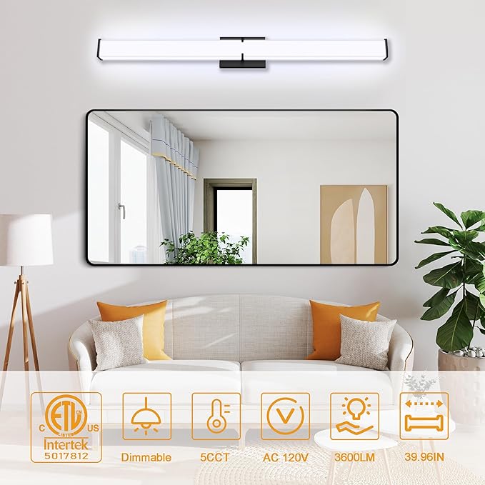 Bathroom Light Fixtures: 40 Inch ETL Certified LED Bathroom Vanity Light 5000K Cool White 40W 3600LM - Modern Black Vanity Light Dimmable with Clear Shade - Bathroom Lighting Fixtures Over Mirror