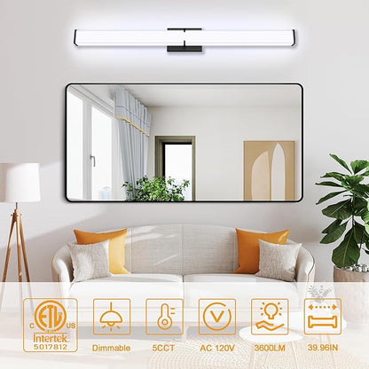 Bathroom Light Fixtures: 40 Inch ETL Certified LED Bathroom Vanity Light 5000K Cool White 40W 3600LM - Modern Black Vanity Light Dimmable with Clear Shade - Bathroom Lighting Fixtures Over Mirror