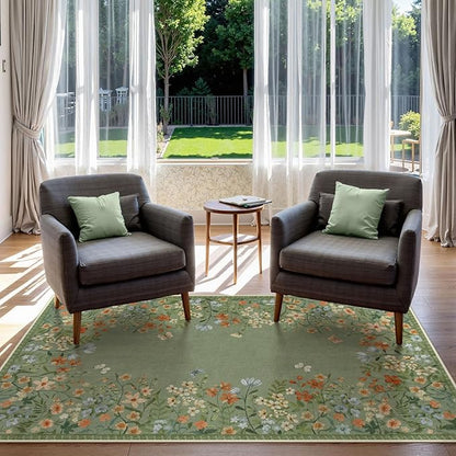 Lahome Boho Floral 3x5 Washable Rugs for Entryway Soft Rug for Bedroom,Green Kitchen Rugs Non Slip Washable,Indoor Carpet Throw Carpet for Bathroom Laundry Living Room Foyer(Green,3x5)