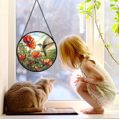 Stained Glass Window Hanging, Hummingbirds Orange Flowers Suncatcher Diamond Glass Panel Hangings Sun Catchers Decor for Birthday for Women, Men, Wife, Aunt, and Mom 9.8 in