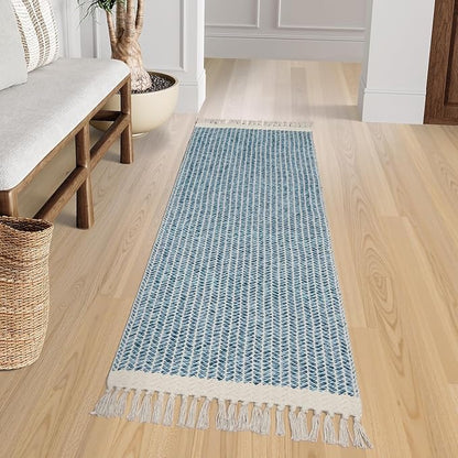 Lahome Boho Kitchen Runner Rugs, 2x6 Laundry Room Rug Lightweight Bathroom Runner Woven Cotton Throw Mat with Tassels, Farmhouse Washable Blue Rug Low Pile Runners for Hallways Entry