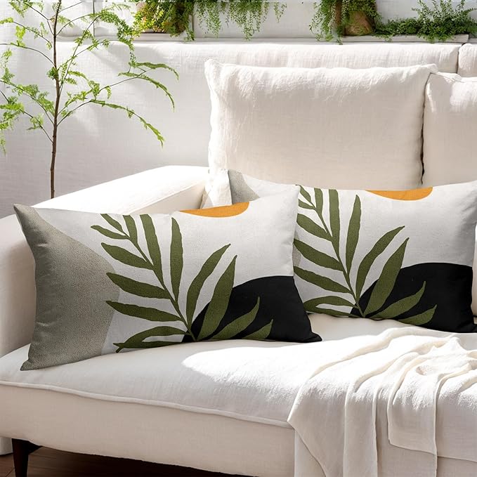 Spring Boho Pillow Covers 12x20 Set of 2 Abstract Mid Century Throw Pillow Covers Green Pillowcase Linen Decoration Farmhouse Soft Decorative Aesthetic Cushion Case Couch for Indoor Outdoor Home Decor