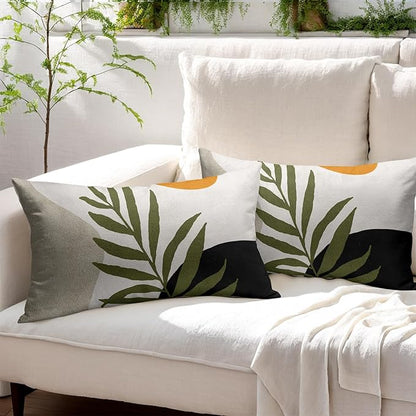Spring Boho Pillow Covers 12x20 Set of 2 Abstract Mid Century Throw Pillow Covers Green Pillowcase Linen Decoration Farmhouse Soft Decorative Aesthetic Cushion Case Couch for Indoor Outdoor Home Decor