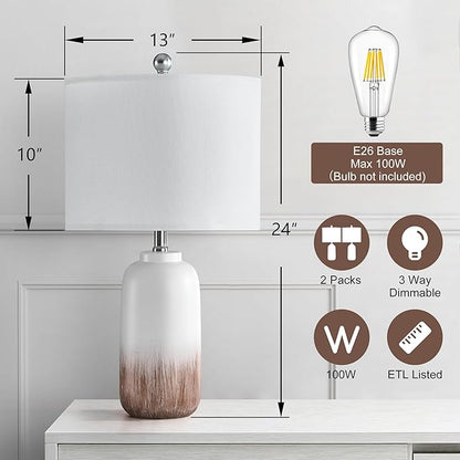 24" Ceramic Table Lamps Set of 2 for Living Room, Modern Brown Bedside Lamps for Night Stands, 3 Way Dimmable Farmhouse End Table Lamp with White Shade for Bedroom