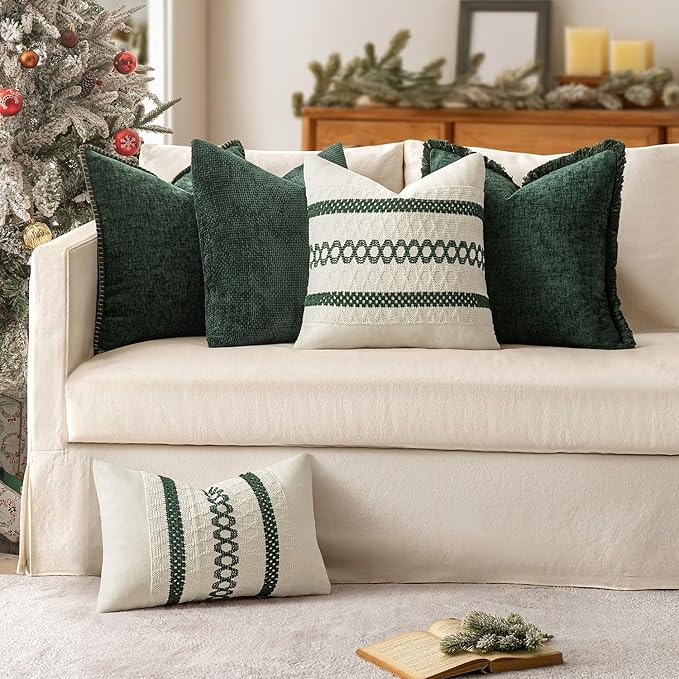 MIULEE Pack of 2 Christmas Green Couch Throw Pillow Covers 18x18 Inch Modern Boho Accent Decorative Pillow Covers Soft Chenille Farmhouse Cushion Covers for Home Decor Bed Sofa Living Room