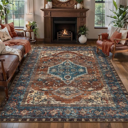 Tangsoo Oriental 5x7 Area Rug Washable Rug for Living Room, Vintage Indoor Non Slip Large Area Rugs, Print Distressed Rust Carpet, Soft Low Pile Foldable Floor Rug for Bedroom Dining Room Dorm