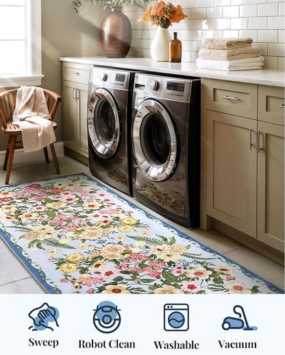 Door Mat Entrance 2x3 Rug - Floral Rugs Washable Small Area Rug Non-Slip Stain Resistant Low Pile Flower Print Throw Rugs for Indoor Entryway, Bedroom, Kitchen, Front Door, Entry - Blue