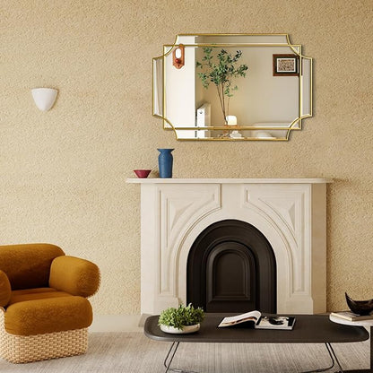 Gold Mirror for Wall, 36x24 Gold Wood Framed, Scalloped Beveled Polished Rectangle Mirror, Large Decorative Mirrors for Wall Decor, Irregular Mirror for Living Room, Bathroom Vanity, Entryway