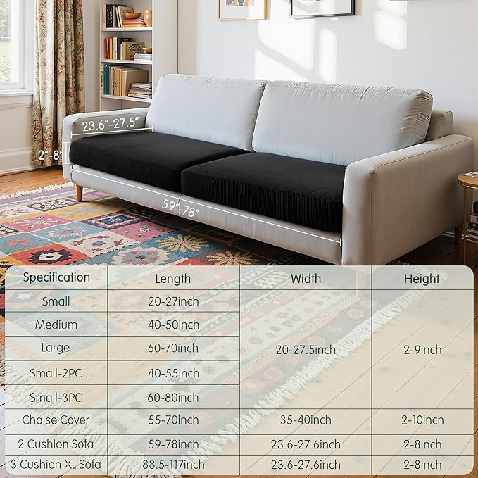 CHUN YI 2 Piece Couch Cushion Covers for Sofa Seat Slipcovers Suitable with Spandex Jacquard Washable Fabric (2 Piece Sofa Cushion Covers, Black)