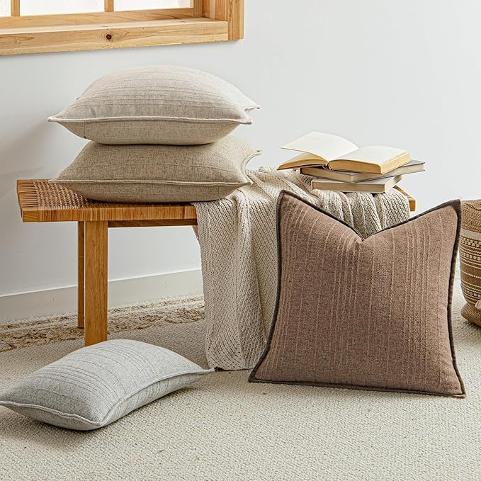 a moment Linen Pillow Covers Set of 2,Boho Farmhouse Throw Pillowcases Neutral Textured Decorative Covers for Couch Sofa,Soft Linen Blend Accent Case Cushion Living Room Home Decor 22"x22"Hazel