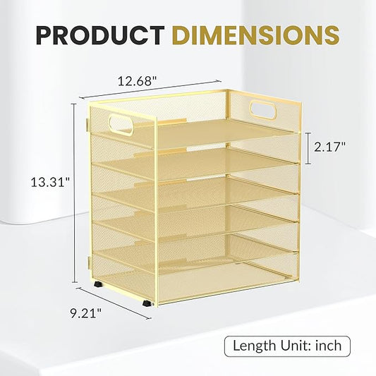 Daltack 6 Tier Paper Organizer for Desk, Paper Letter Tray Organizer for Desks, Mesh Desk File Organizers with Handle for Office, Home, School, Gold